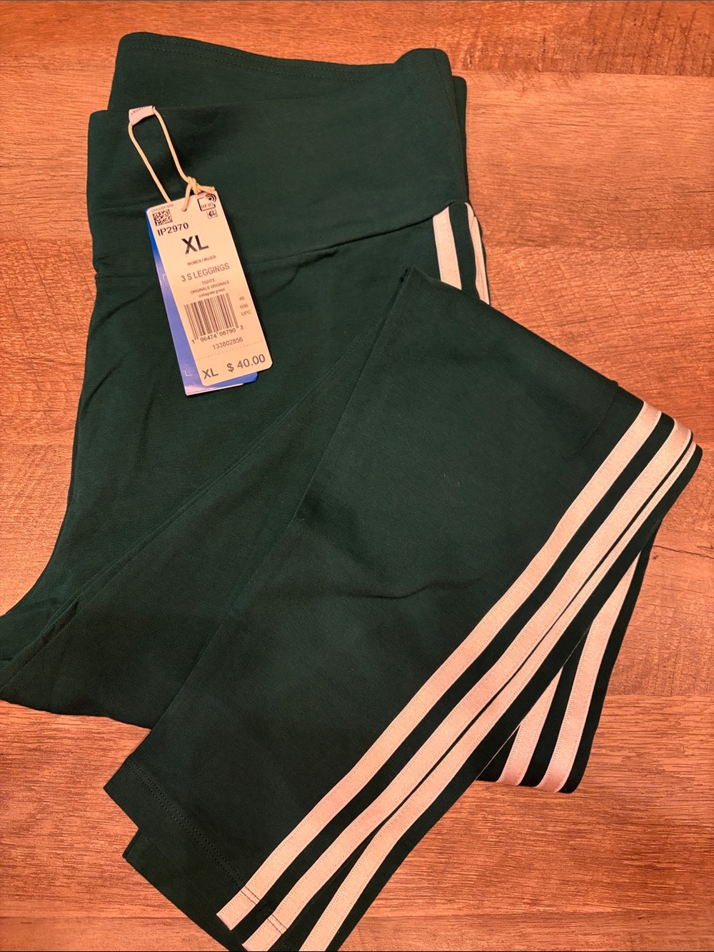 adidas Dark Green Leggings with White Side Stripes